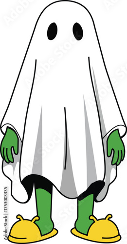 Spooky Ghost in Slippers Fun Holiday Halloween Costume Party Illustration White Minimalist Clipart Cartoon Character