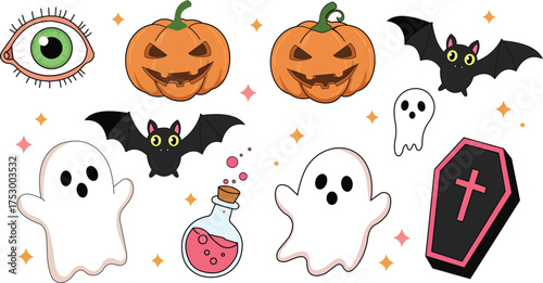 Halloween Spooky Cute Cartoon Clipart Set Pumpkins Ghosts Bats Coffin Potion Eyeball Perfect for Stickers Cards Design