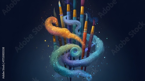 Whimsical Floating Paint Brushes with Colorful Swirls of Paint