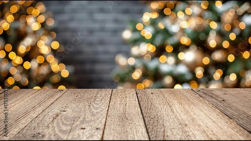 Warm wooden table ready for holiday celebrations with beautiful Christmas trees glowing in the background