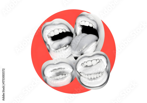 Collage of mouths expressing laughter and emotion against a red circle isolated on transparent background for humor and expression