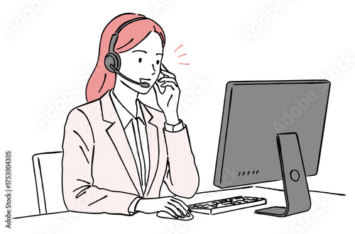 ヘッドセットで電話応対する女性オペレーターの線画イラスト,コールセンター,カスタマーサービス,笑顔