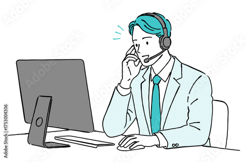 ヘッドセットで電話応対する男性オペレーターの線画イラスト,コールセンター,カスタマーサービス,対応