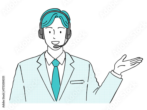 ヘッドセットを付け案内・紹介をする男性オペレーターの線画イラスト,コールセンター,カスタマーサービス,笑顔,提案

