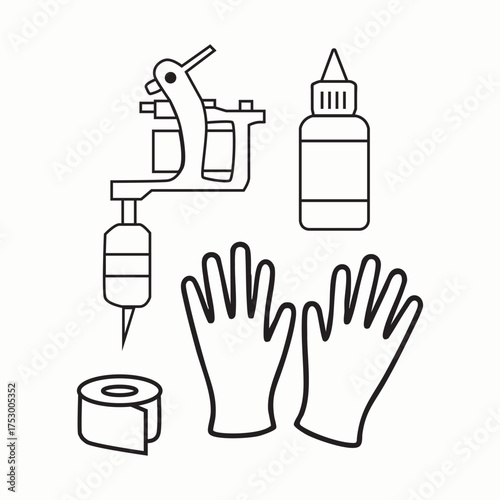 Tattoo studio Machine Ink Bottles Gloves and Tape Line Art Icons on White Background tattoo supplies