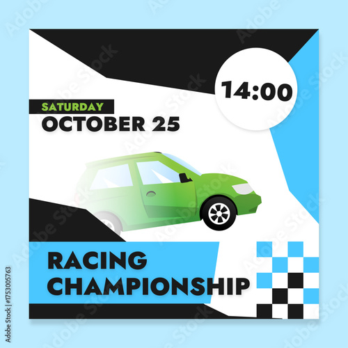 Racing event vector banner in blue colors with car and your text