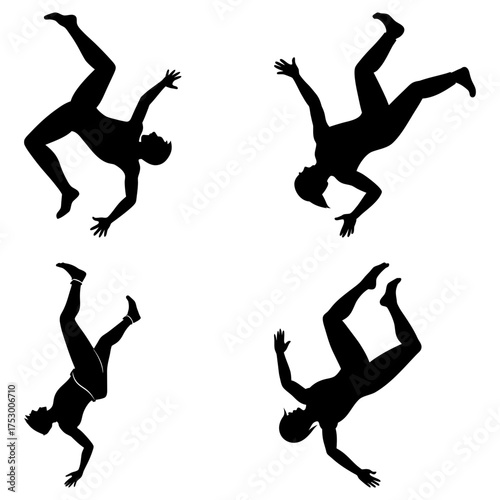 Silhouette figures performing acrobatic flips and aerial maneuvers in dynamic poses on a white background