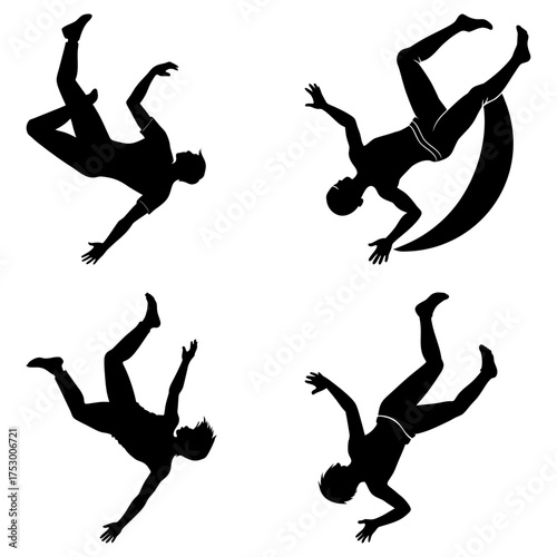 Silhouetted figures in various falling poses against a white background showcasing dynamic movement and gravity