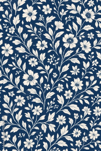 An elegant floral pattern design featuring delicate white flowers and foliage set against a rich blue background