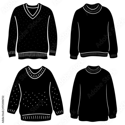 A collection of four black sweaters with different necklines and designs in a simple, graphic style