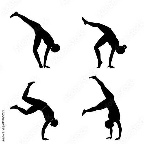Silhouette depictions of a woman performing various handstand yoga poses on a white isolated background