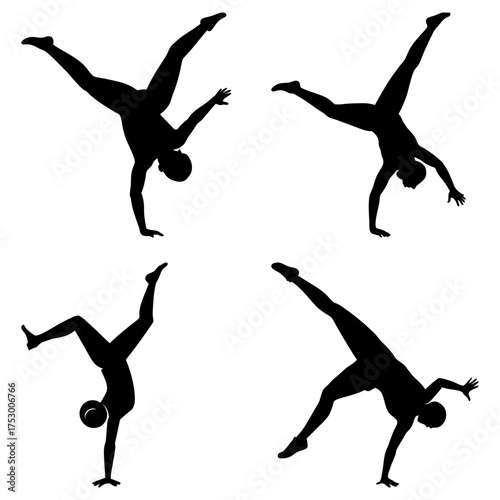 Silhouettes of four gymnasts performing handstands with legs in various positions on a white background