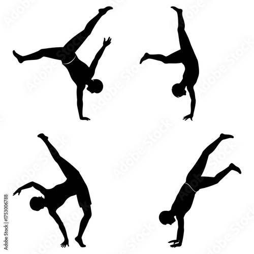 Four silhouettes of people performing handstands and acrobatic poses against a white background art image