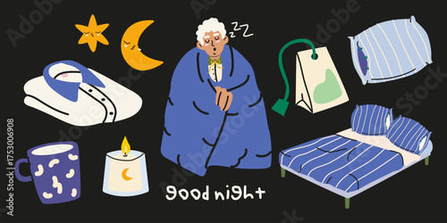 Good night flat elements set. Sleep, relax, night stickers. Boy character, pillow, blanket, pajamas, cup, candle. Fighting insomnia. Trendy good night vector illustrations in doodle retro style