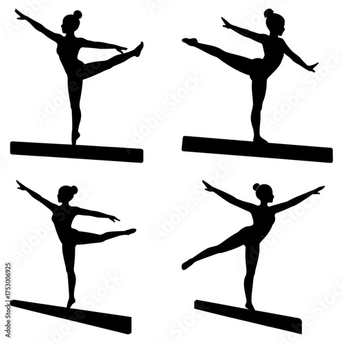 Silhouette gymnasts performing balance beam routines in various poses in a tiled arrangement style