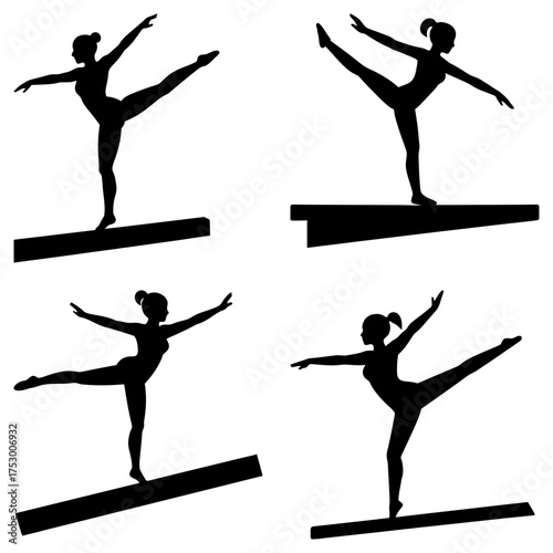 Silhouette depiction of four gymnasts performing balance beam routines in various poses and positions