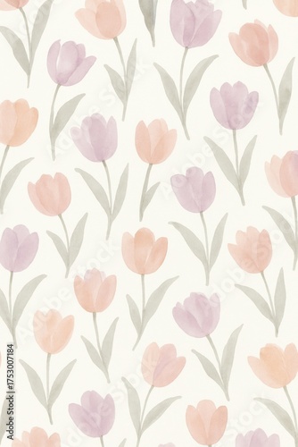 A field of colorful tulips forming a beautiful floral pattern. The soft watercolor effect of the petals add a touch of elegance. The design showcases a simple yet effective pattern. 
