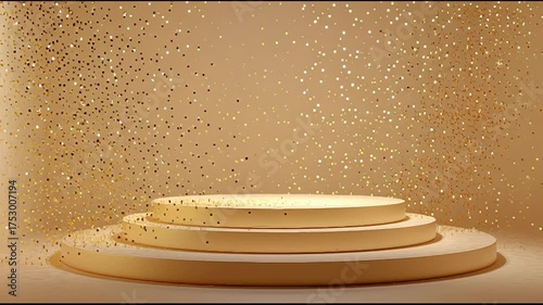 Elegant golden stage setup with sparkling confetti for a special event in a warm, inviting atmosphere