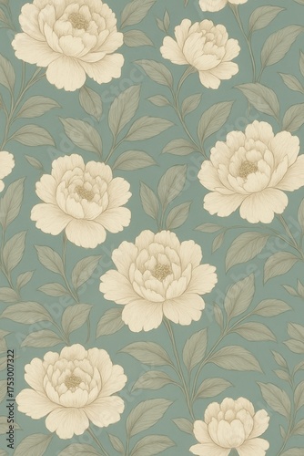 Elegant floral arrangement of peonies and leaves, evoking a sense of nature's artistry. The intricate details and soft colors create a serene atmosphere.