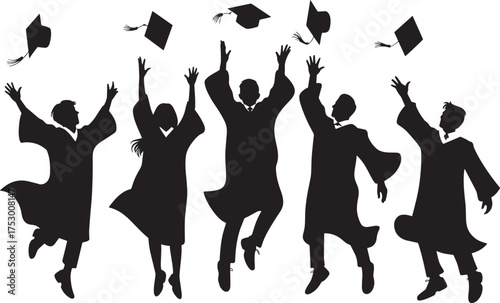 Graduates Celebrating Academic Achievement Throwing Caps Silhouettes Vector Art