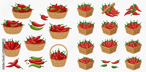 Illustration of baskets filled with red and green chili peppers, some scattered around, on a transparent background.