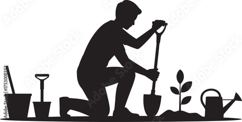 Gardener Silhouette Planting Sapling with Shovel and Watering Can Vector