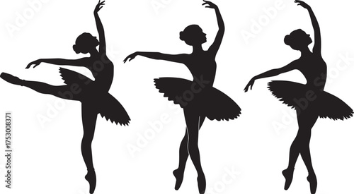 Silhouette of three elegant ballet dancers performing various poses on transparent background