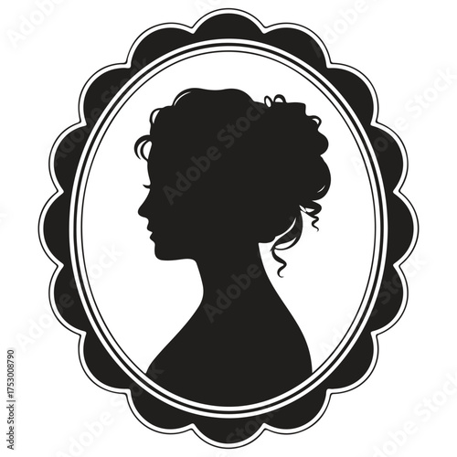 Elegant woman silhouette in ornate oval frame silhouette