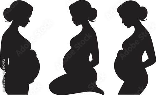 Three Female Pregnant Silhouettes Showing Different Poses Holding Swollen Belly