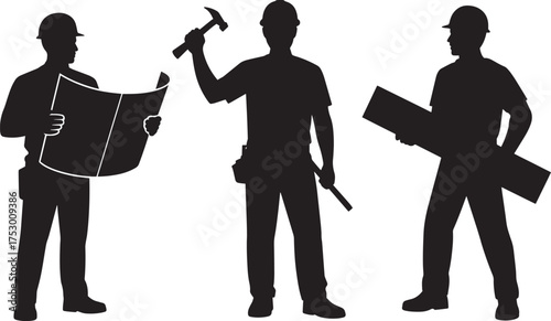 Three Male Construction Worker Silhouettes with Hard Hats Holding Blueprints Hammer and Wood Plank Outline