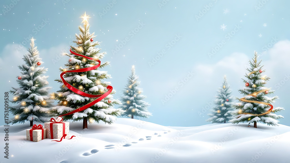 Fototapeta premium Christmas Winter Landscape With Snow And Pine Forest Scenery