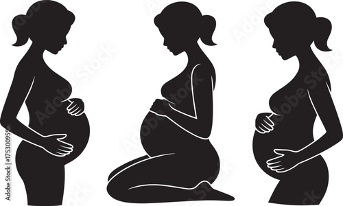 Three Female Pregnant Silhouettes Outline Showing Different Poses Holding Swollen Belly