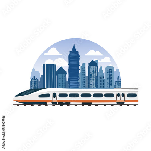 White bullet train with orange stripe passes city skyline high-speed train transportation