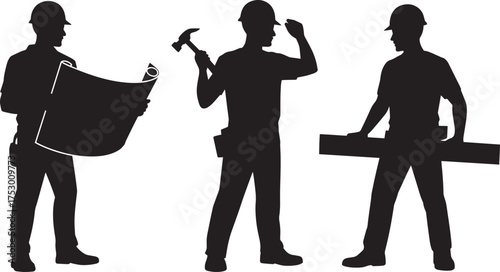Three Male Construction Worker Silhouettes with Hard Hats Holding Blueprints Hammer and Wood Plank