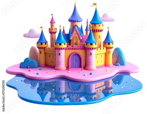 Vibrant 3D Cartoon Fairytale Castle Island with Reflection in Blue Water