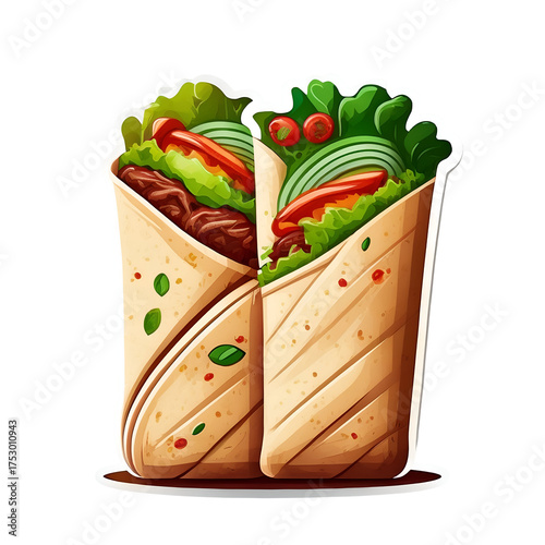 Cartoon sticker illustration of two burritos or wraps filled with fresh meat and vegetables, isolated on black.