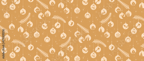 Christmas seamless pattern, holidays background, gold bauble