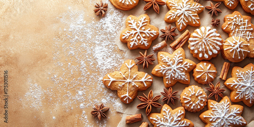 Christmas gingerbread cookies of various shapes. Decorated with white icing and arranged on baking paper with cinnamon sticks. Star anise. And powdered sugar. Creating a festive frame with copy space