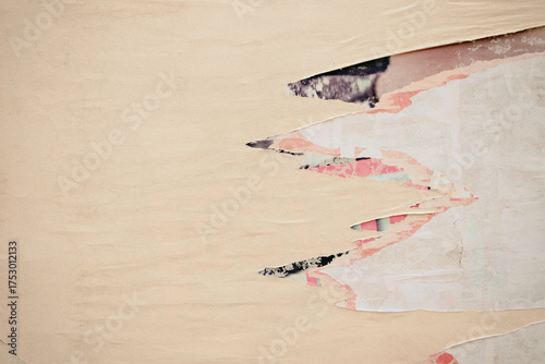 Old colorful ripped torn grunge fly posters backgrounds creased crumpled paper backdrop surface placard empty space for text          