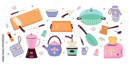 Modern set of kitchen utensils. Flat vector illustration isolated on a white background.