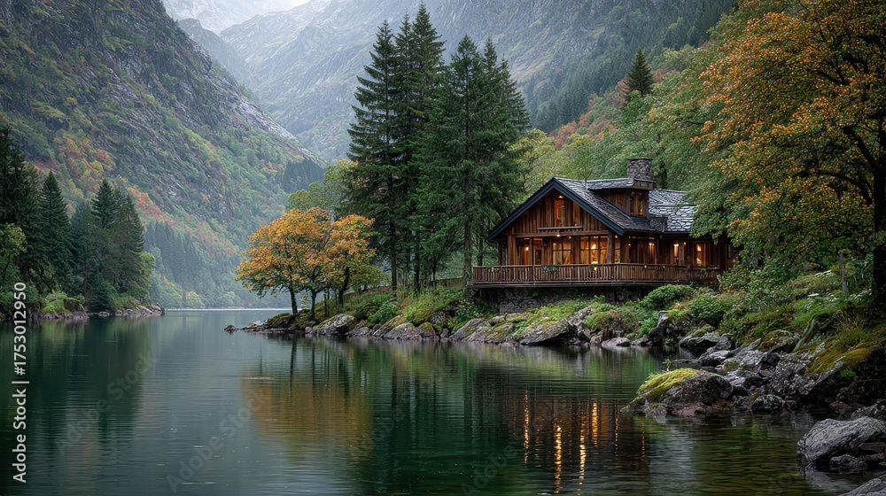 Fototapeta premium Cozy Cabin by Lake in Autumn Mountain Landscape Reflection