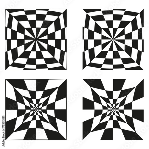 Checkerboard rotation patterns. Four square elements. Black white geometric design. Vector optical illusion.