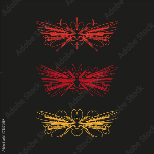 Abstract radial bursts. Red yellow line art. Dark background dynamic. Vector energy element.