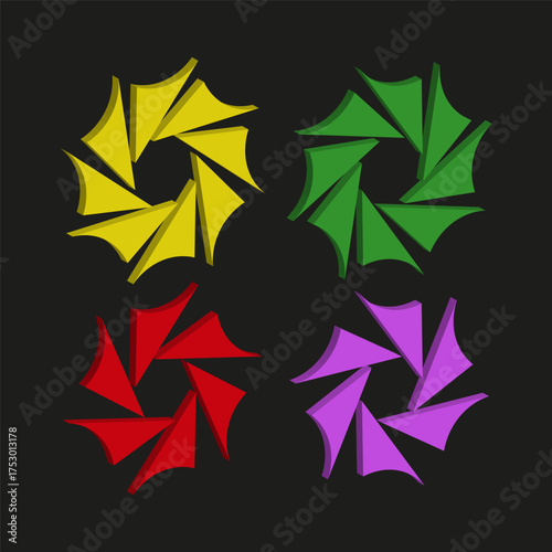 Flower wheel set. Rotating spiral shapes. Vibrant Vector icons. Yellow purple red forms.