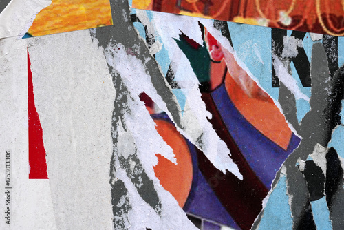 Old colorful ripped torn grunge fly posters backgrounds creased crumpled paper backdrop surface placard empty space for text          