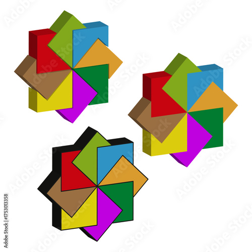 Three D star shape. Geometric form element. Bright color block. Vector abstract rotation.