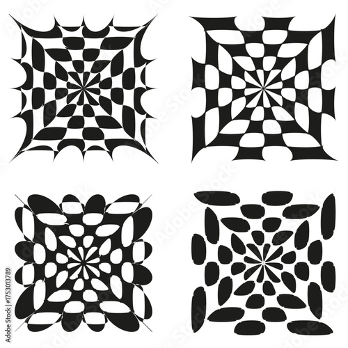 Geometric checkerboard forms. Oval round shapes. Black white abstract pattern. Vector visual elements.