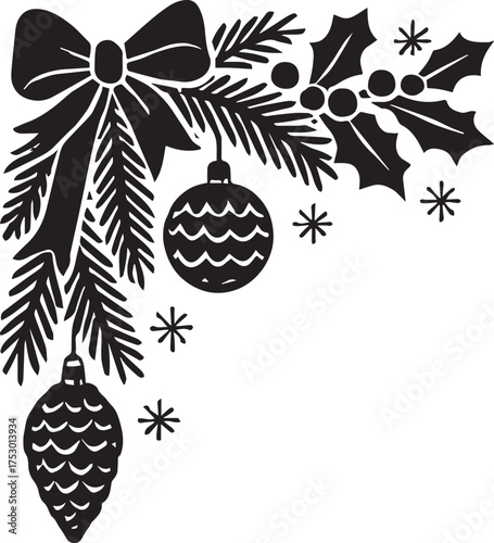 vector christmas corner pine holly bow ornament silhouette winter art. eps