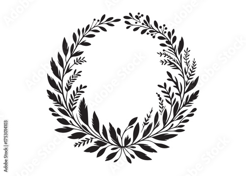 circle wreath logo silhouette vector, circle with leaves silhouette vector illustration, wreath silhouette vector logo, circle botanical wreath logo silhouettes vector on white background