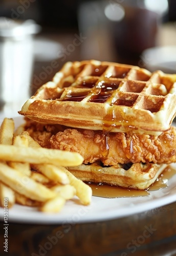 A crispy chicken and waffle sandwich, drizzled with syrup, with a side of golden fries. Stock